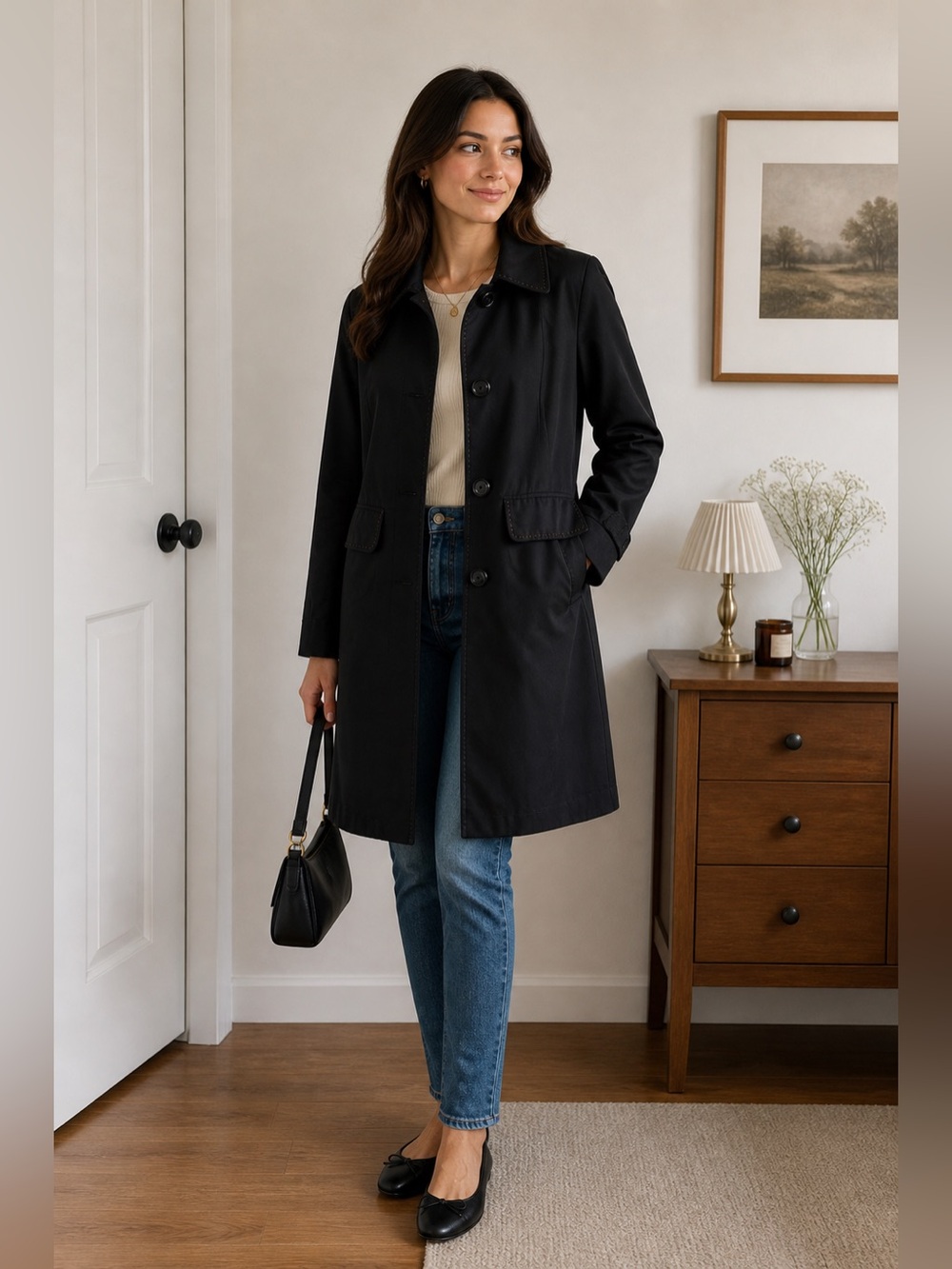 Jessica Black Single-Breasted Trench Coat